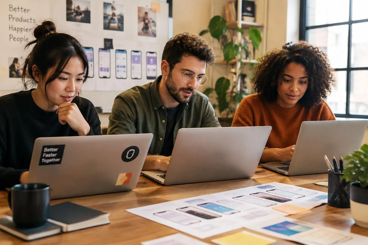 Designers collaborating at laptops