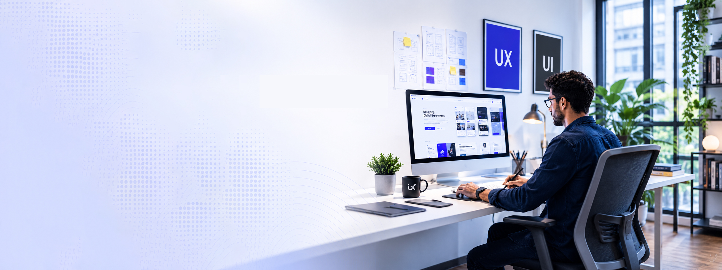 Designer working at a desk with multiple screens